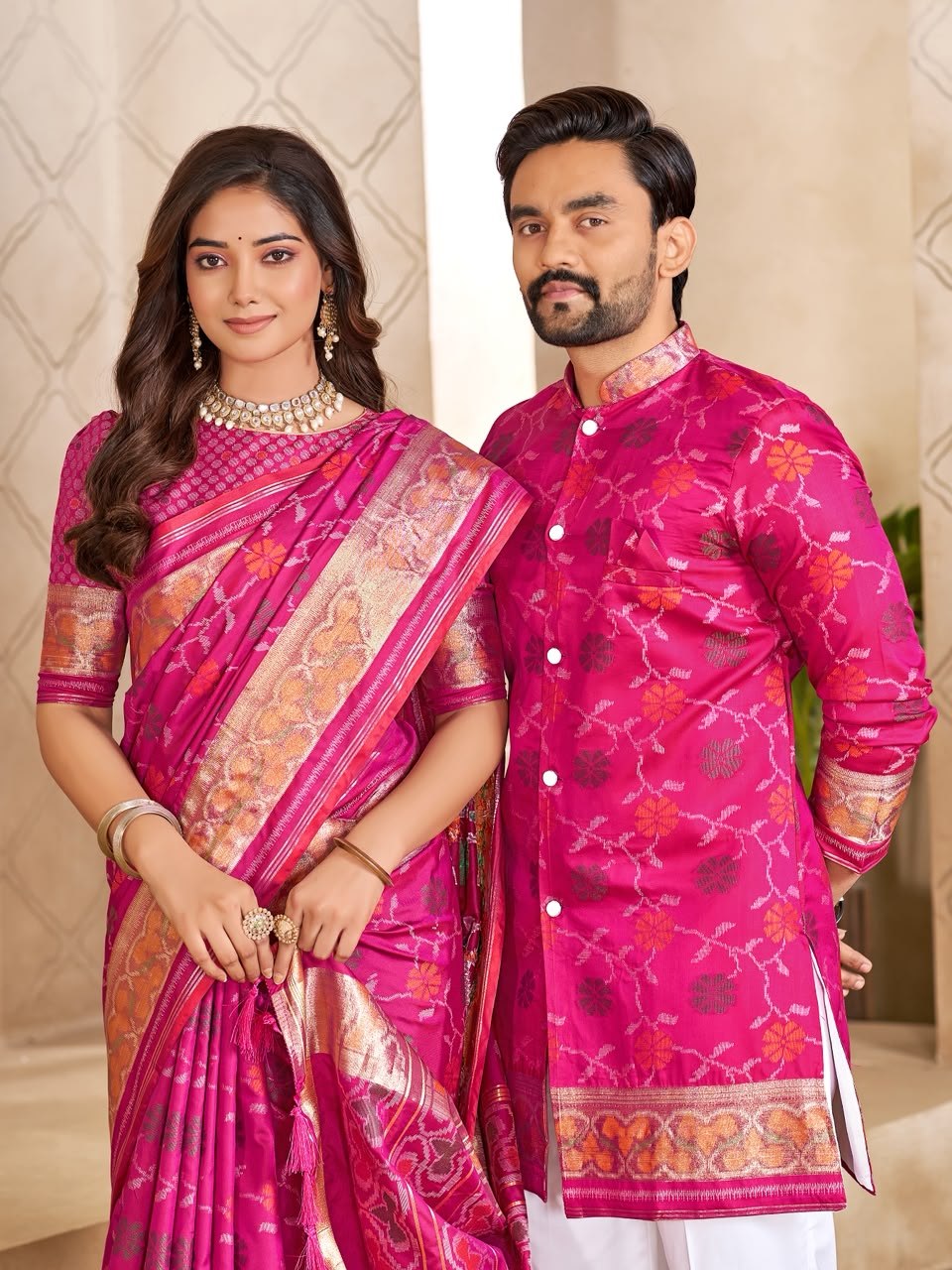 A man and a woman posing together in traditional Indian attire. The woman wears a vibrant pink and gold patterned saree, and the man wears a matching bright pink embroidered kurta over white trousers.