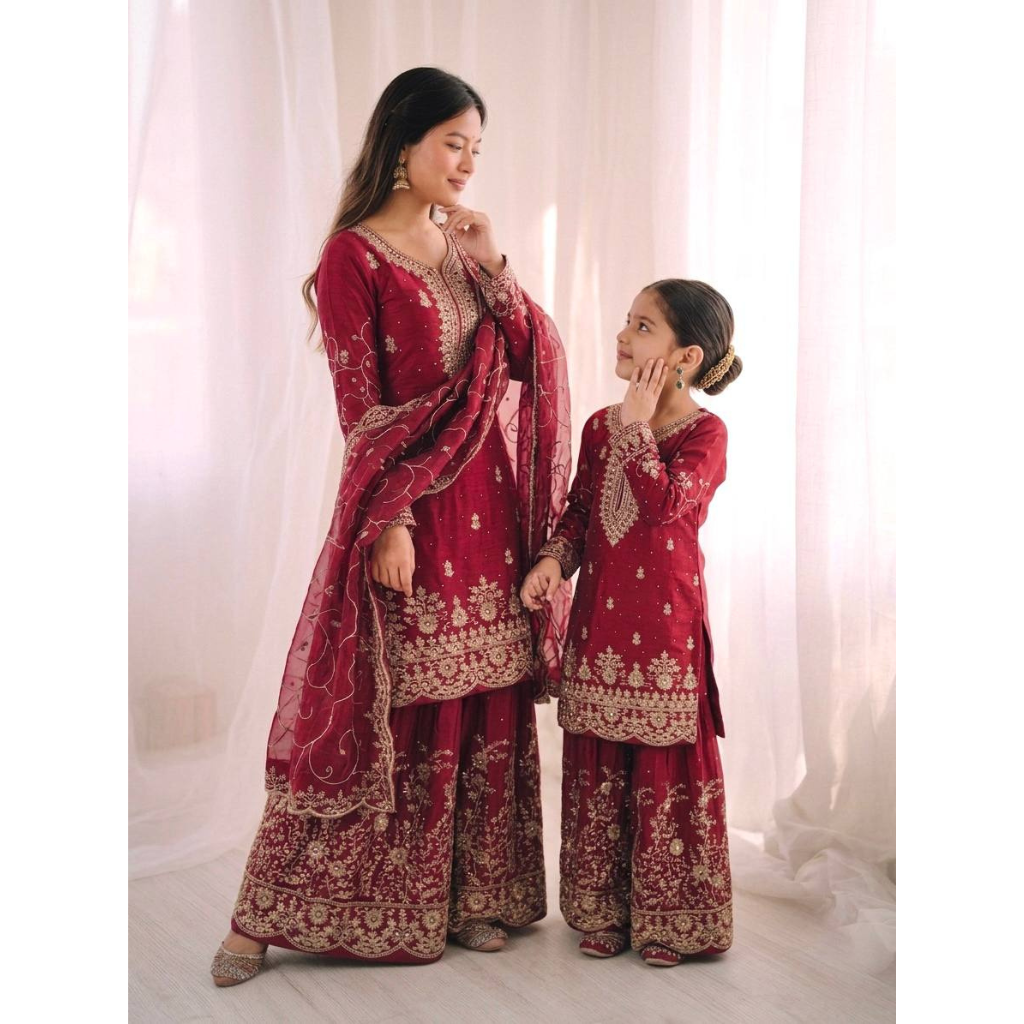 Ethnic Wear Matching Red Mother Daughter Designer Party wear Top Palazzo Dupatta Suit Set mahezon