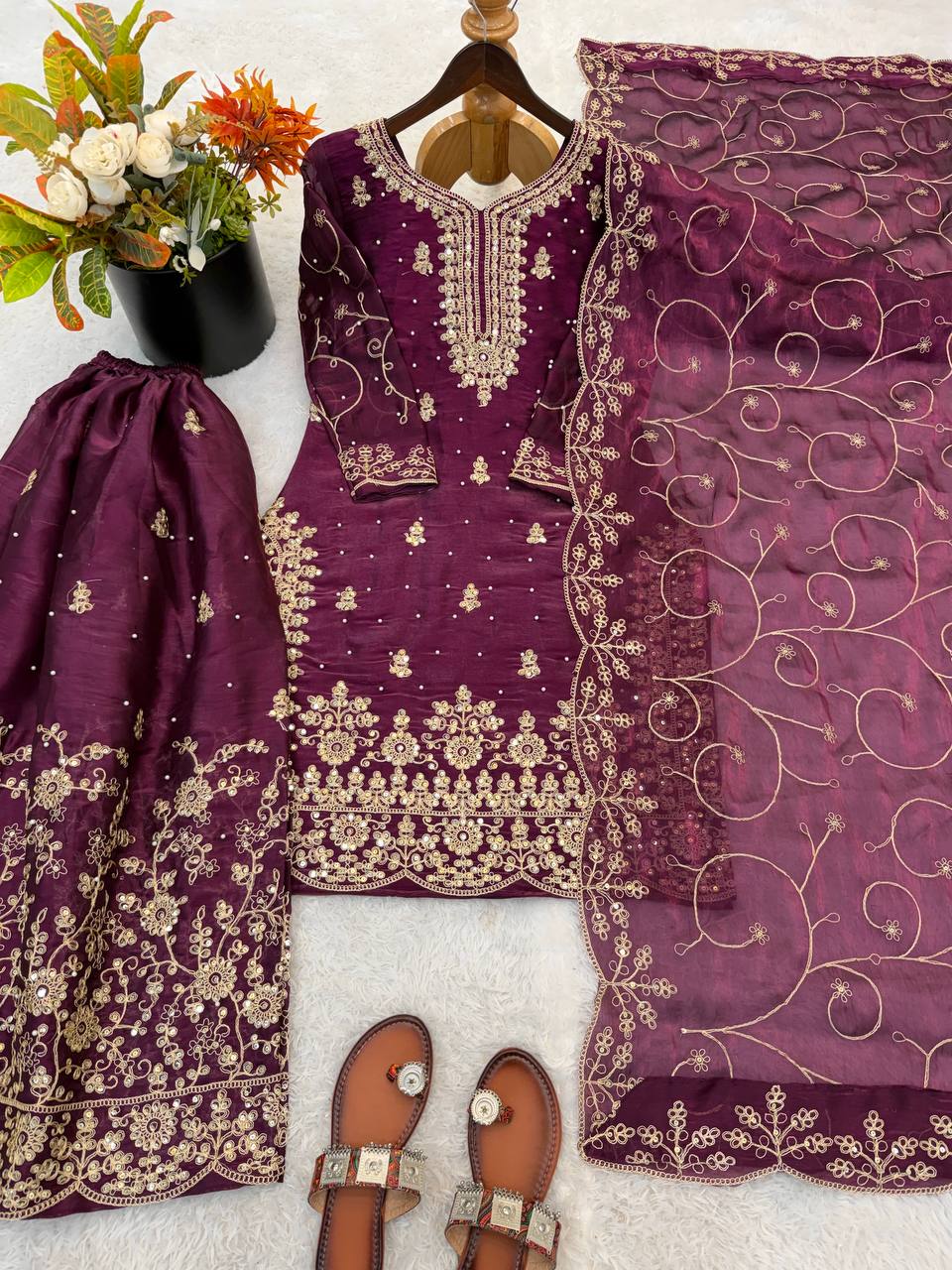 Ethnic Wear Matching Purple Mother Daughter Designer Party wear Top Palazzo Dupatta Suit Set mahezon