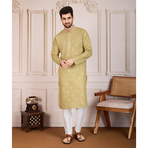 Indian Traditional Cotton Embroidery Men’s Kurta Pajama Set