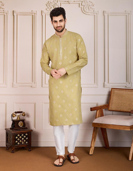 Indian Traditional Cotton Embroidery Men’s Kurta Pajama Set