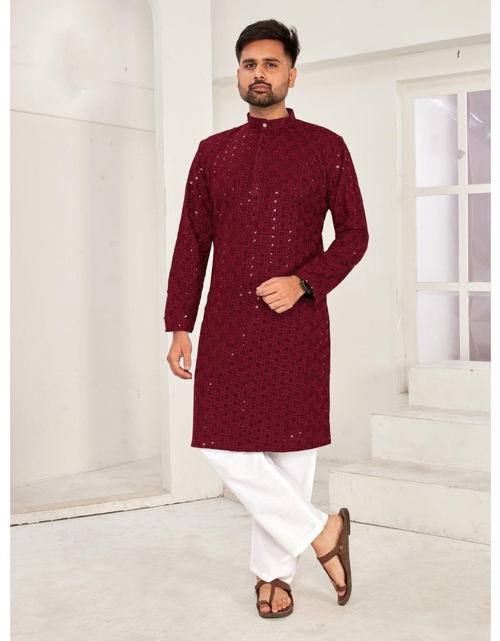 Load image into Gallery viewer, Men Traditional Maroon Chikankari Kurta Pajama for Diwali and Festival mahezon
