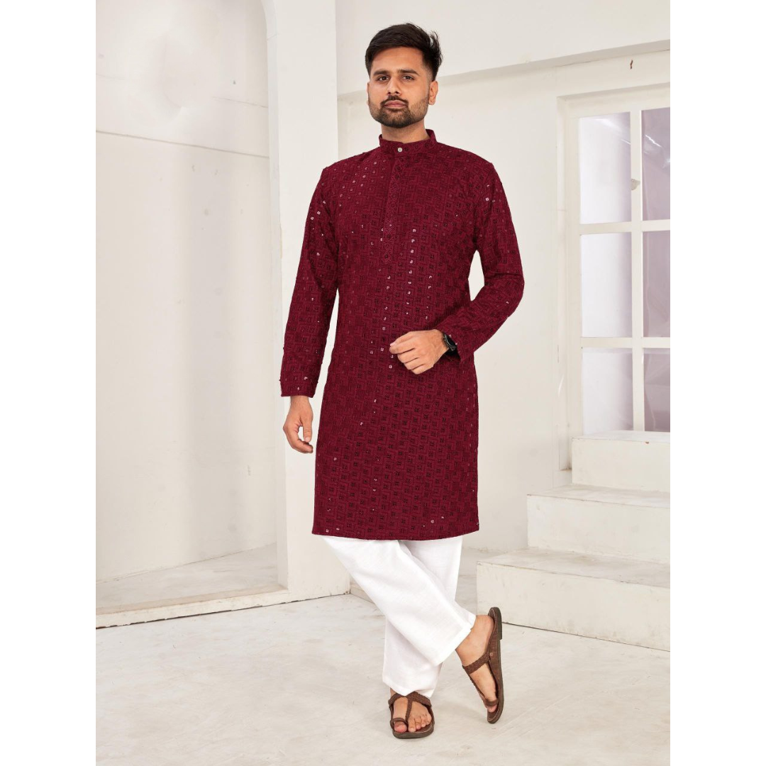 Men Traditional Maroon Chikankari Kurta Pajama for Diwali and Festival mahezon