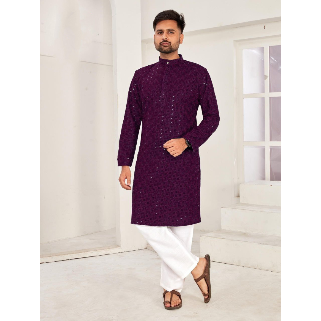 Men Traditional Purple Chikankari Kurta Pajama for Diwali and Festival mahezon