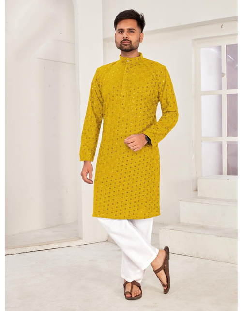 Load image into Gallery viewer, Men Traditional Yellow Chikankari Kurta Pajama for Diwali and Festival mahezon
