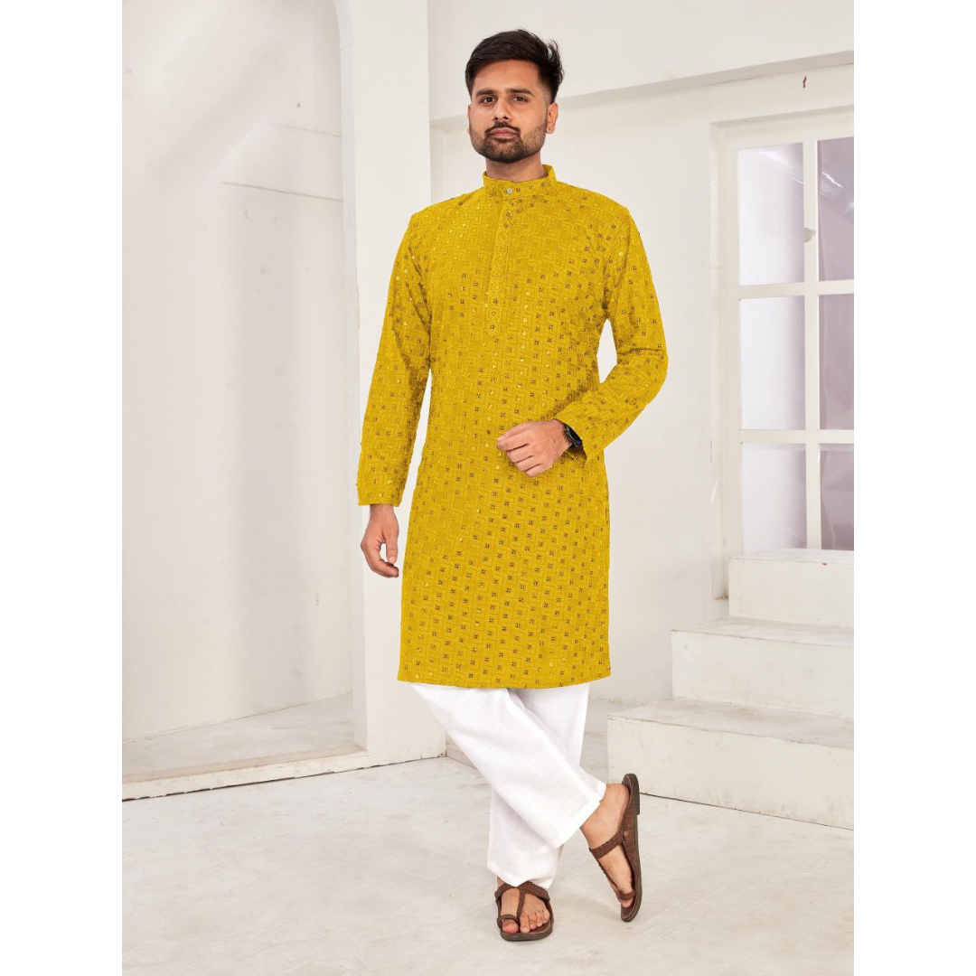 Men Traditional Yellow Chikankari Kurta Pajama for Diwali and Festival mahezon