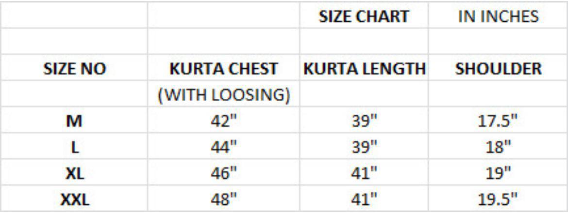 Size chart for kurta measurements in inches