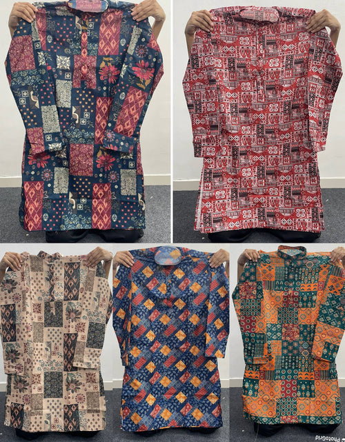 Load image into Gallery viewer, A 2x3 grid showing five different long-sleeve patchwork kaftan tunic dresses being held up by a person's hands against a plain indoor wall. Each dress has a unique colorful geometric and tribal-inspired patchwork pattern in various colorways including navy, red, beige, and orange.
