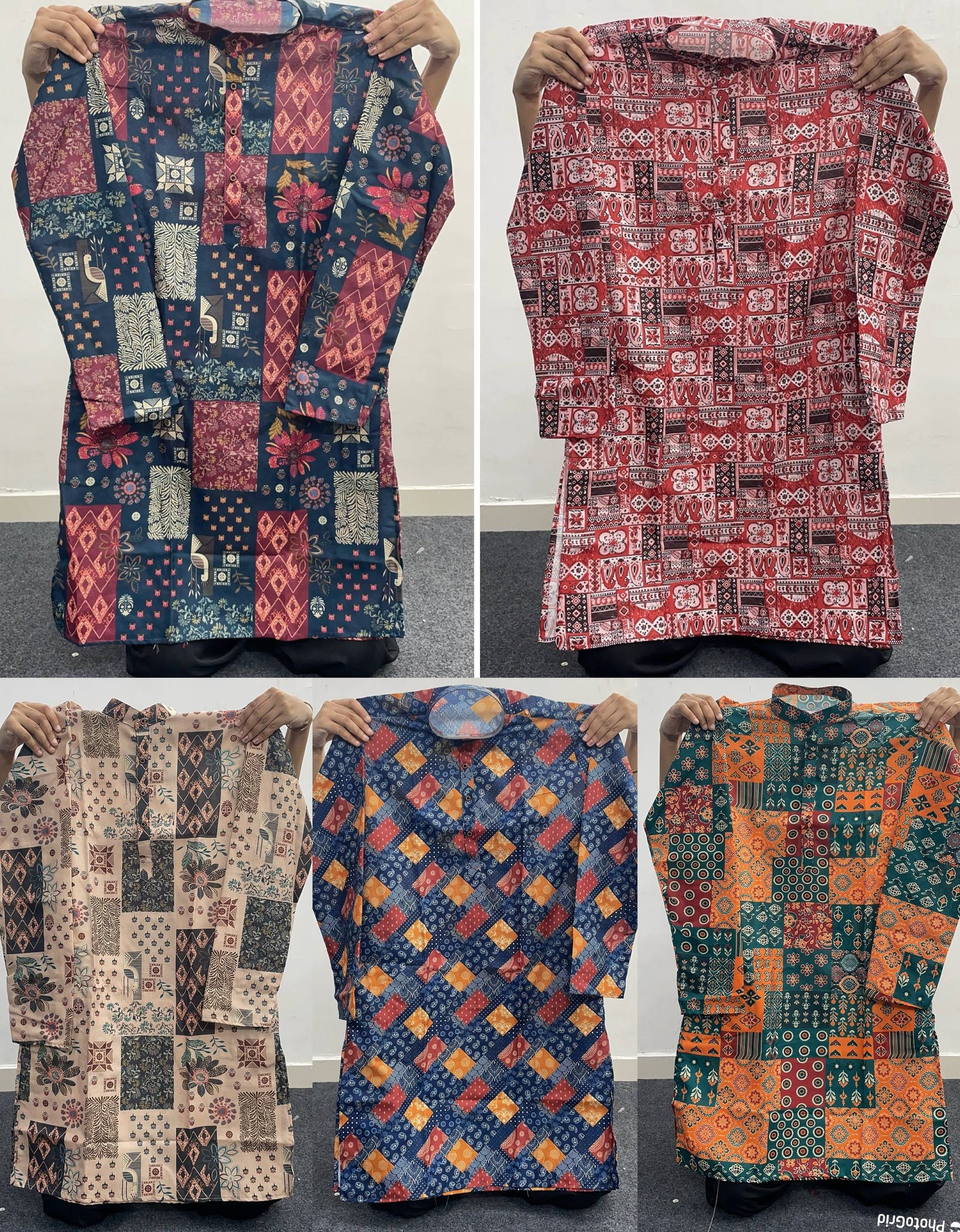A 2x3 grid showing five different long-sleeve patchwork kaftan tunic dresses being held up by a person's hands against a plain indoor wall. Each dress has a unique colorful geometric and tribal-inspired patchwork pattern in various colorways including navy, red, beige, and orange.
