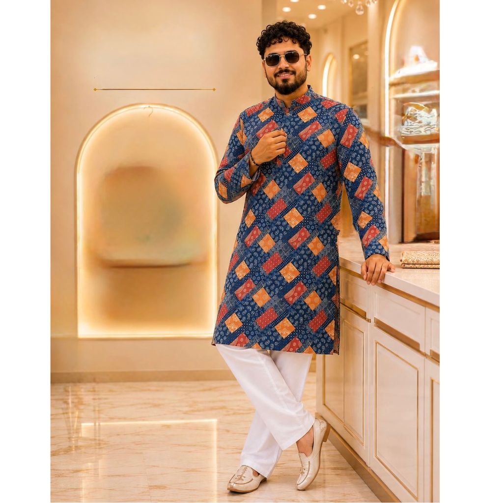 A man wearing a blue patterned kurta with red and orange diamond motifs, paired with white trousers and beige loafers, standing in a modern, warmly lit boutique.