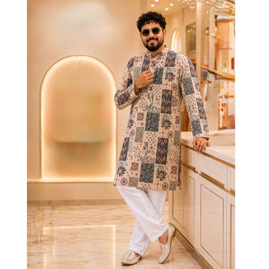 A man wearing a beige long kurta with a multicolor patchwork print and white trousers, standing in a modern, warmly lit interior space.