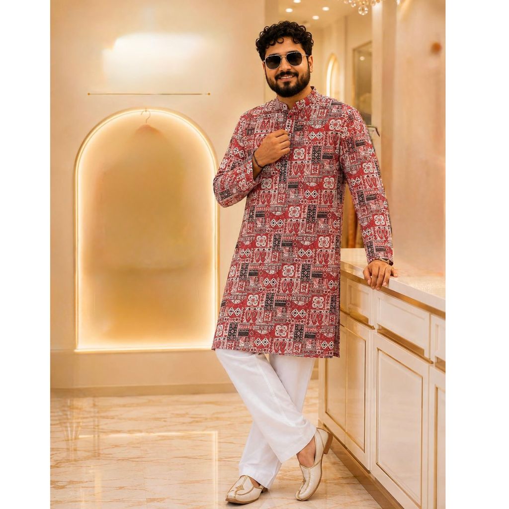 A man wearing a red and black patterned kurta with white trousers and gold shoes, standing in a modern, warm-toned interior hallway.