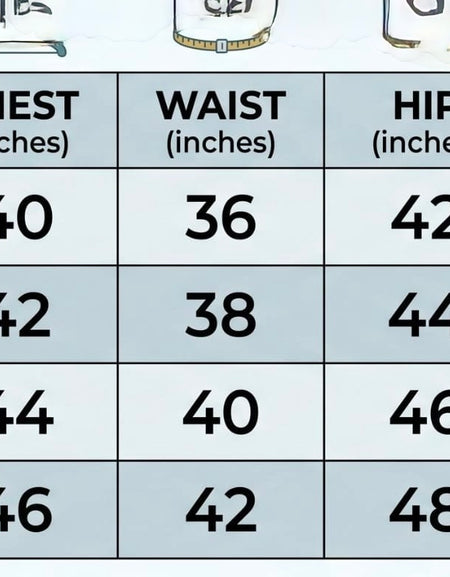 A size chart table showing measurements for sizes M, L, XL, and XXL, with columns for chest, waist, hip, and shoulder in inches.