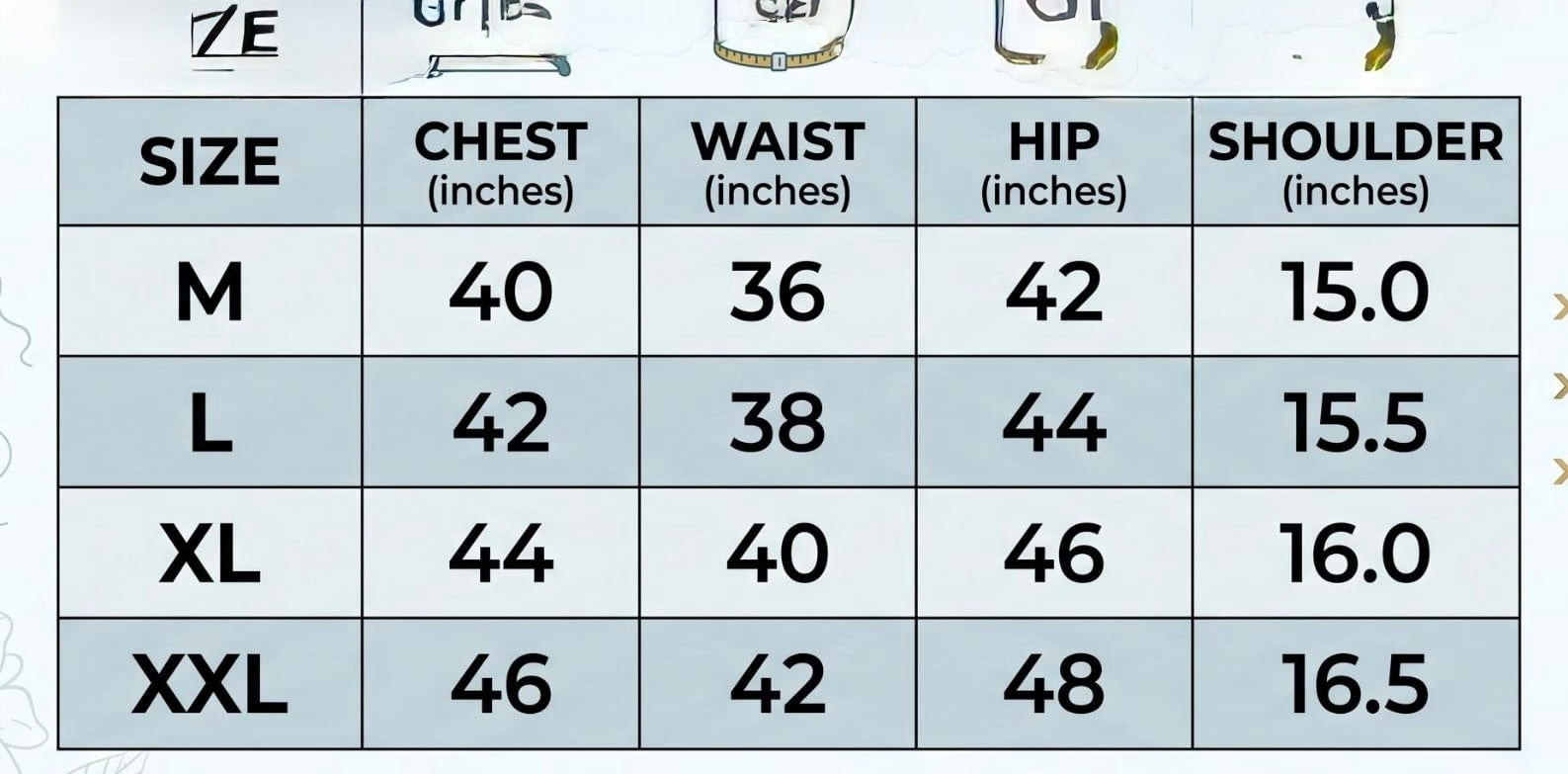 A size chart table showing measurements for sizes M, L, XL, and XXL, with columns for chest, waist, hip, and shoulder in inches.