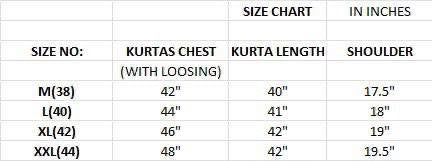 A size chart table showing measurements for Kurtas, with columns for Size No, Kurtas Chest (with loosing), Kurta Length, and Shoulder in inches, listing M(38), L(40), XL(42), and XXL(44).