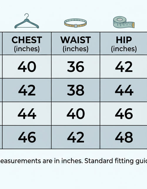 Load image into Gallery viewer, A size chart table showing measurements in inches for sizes M, L, XL, and XXL, with columns for chest, waist, hip, and shoulder. Small hanger, shirt, belt, tape measure, and tape icons appear above the table.
