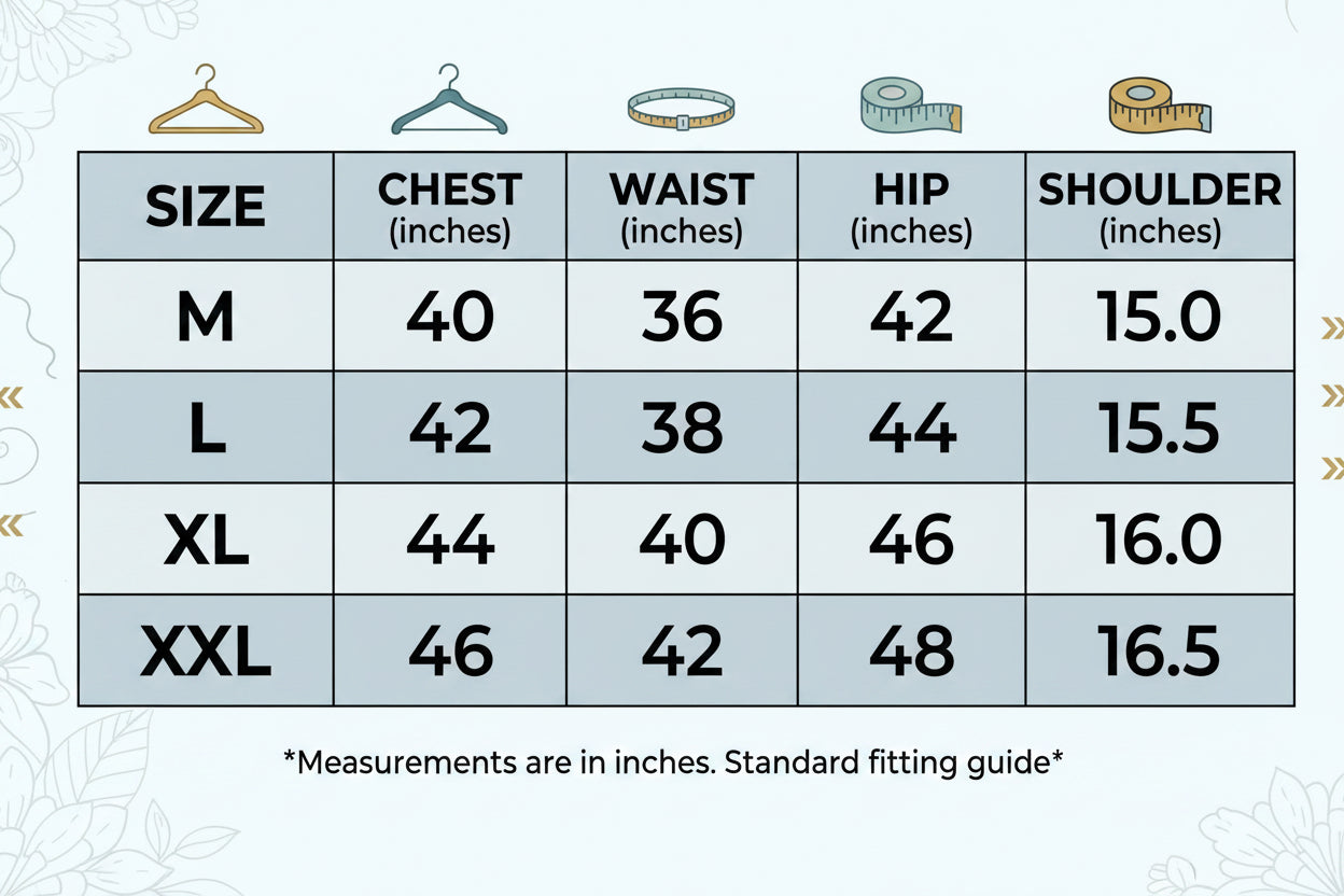 A size chart table showing measurements in inches for sizes M, L, XL, and XXL, with columns for chest, waist, hip, and shoulder. Small hanger, shirt, belt, tape measure, and tape icons appear above the table.