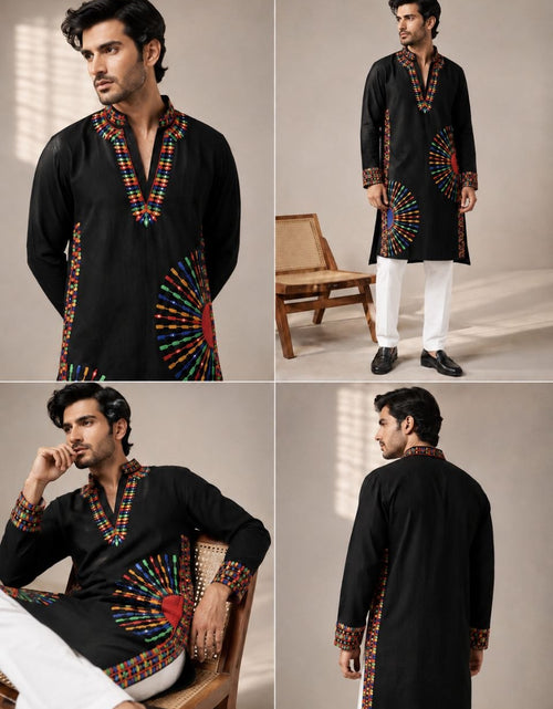 Load image into Gallery viewer, A four-panel collage showing a man modeling a black long kurta with colorful embroidered geometric patterns around the V-neck, cuffs, and lower front panel, paired with white trousers in a studio setting.
