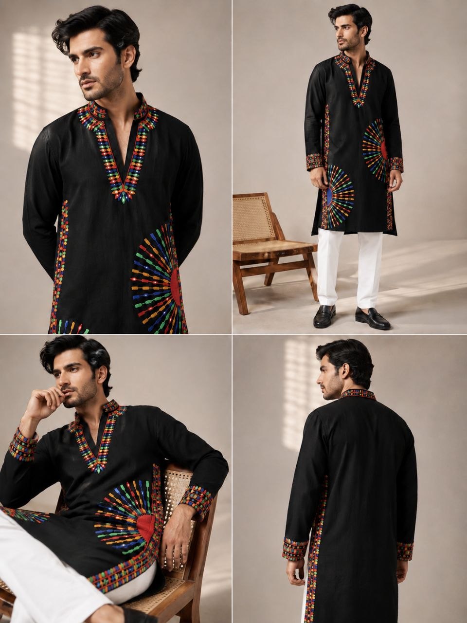 A four-panel collage showing a man modeling a black long kurta with colorful embroidered geometric patterns around the V-neck, cuffs, and lower front panel, paired with white trousers in a studio setting.