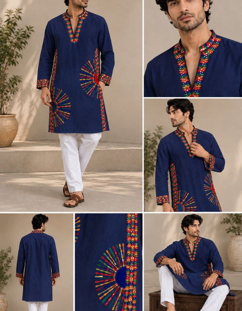 Load image into Gallery viewer, A man modeling a navy blue kurta with colorful embroidered patterns on the neckline, cuffs, and hem, paired with white trousers in a warm beige indoor setting. The image is a collage showing multiple views of the model wearing the garment.
