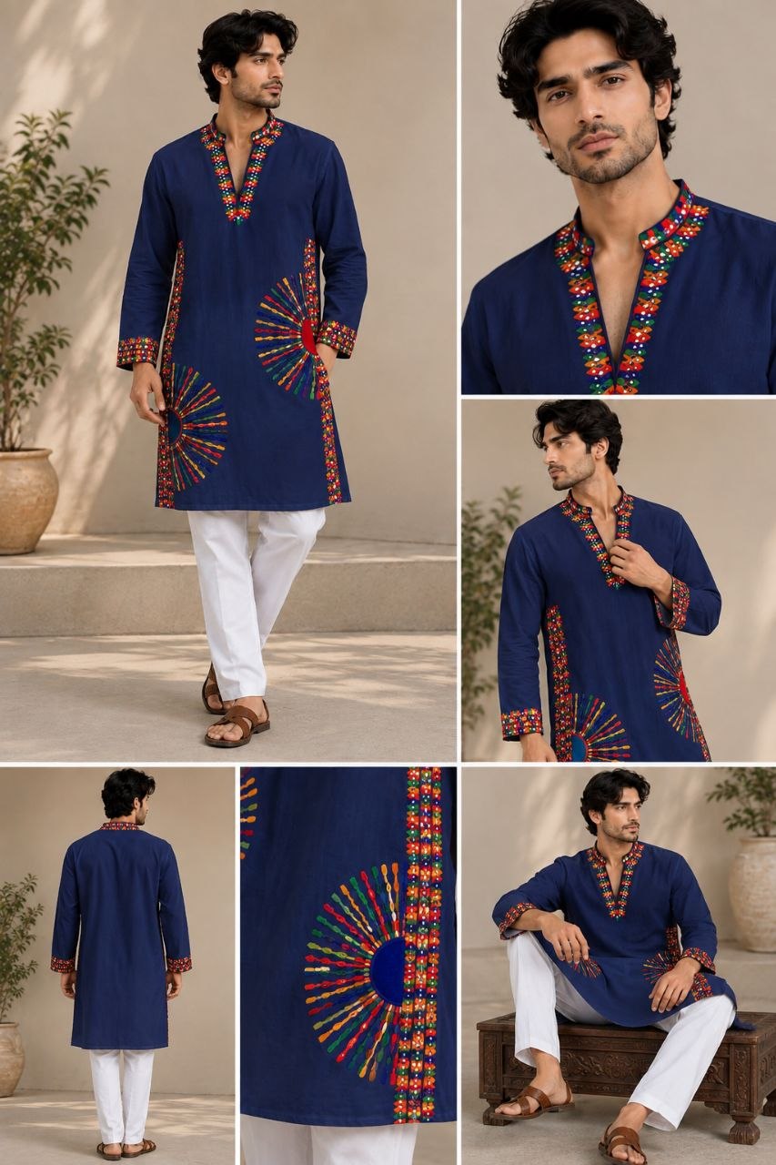 A man modeling a navy blue kurta with colorful embroidered patterns on the neckline, cuffs, and hem, paired with white trousers in a warm beige indoor setting. The image is a collage showing multiple views of the model wearing the garment.