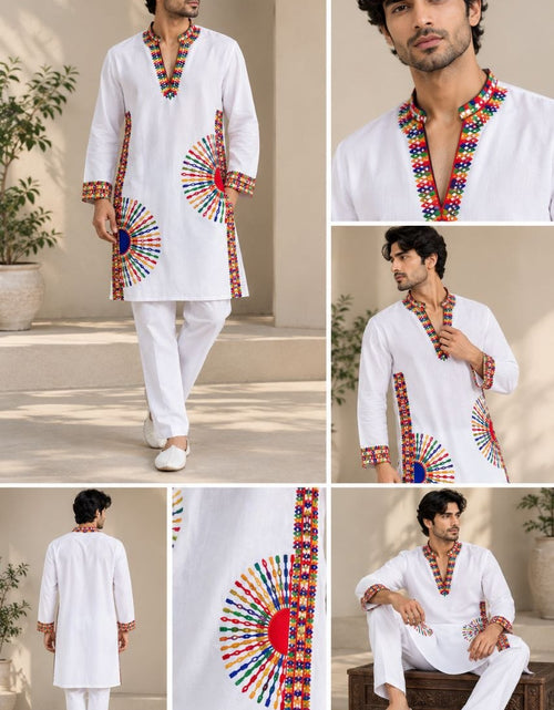 Load image into Gallery viewer, A man modeling a white traditional kurta and trouser set with colorful embroidered details, shown in multiple views including front, back, close-ups, and seated pose.
