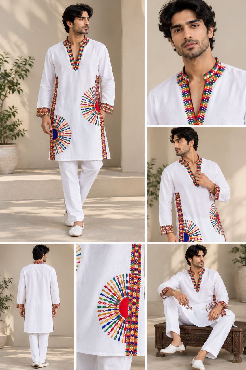 A man modeling a white traditional kurta and trouser set with colorful embroidered details, shown in multiple views including front, back, close-ups, and seated pose.