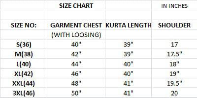 A size chart table showing garment chest measurements, kurta length, and shoulder measurements in inches for sizes S(36) through 3XL(46).