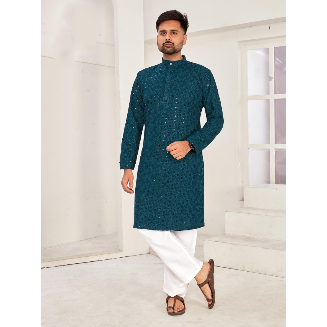 Men Traditional Blue Chikankari Kurta Pajama for Diwali and Festival mahezon