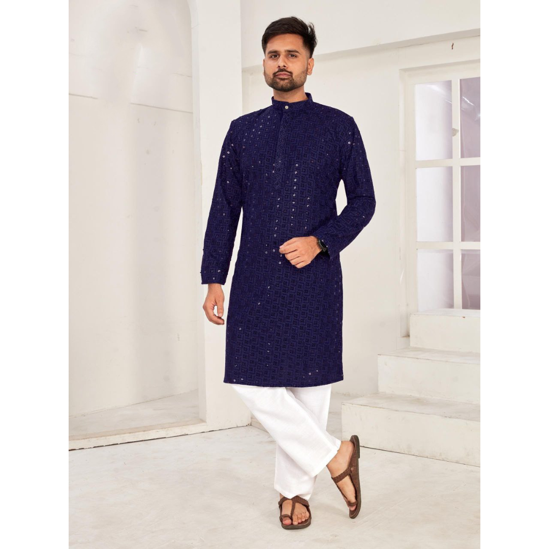 Men Traditional Chikankari Navy Blue Kurta Pajama for Diwali and Festival mahezon