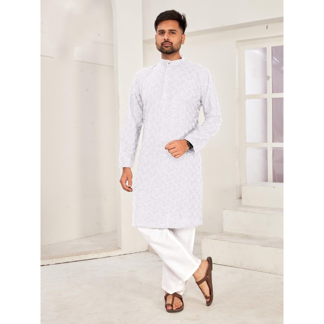 Men Traditional White Chikankari Kurta Pajama for Diwali and Festival mahezon