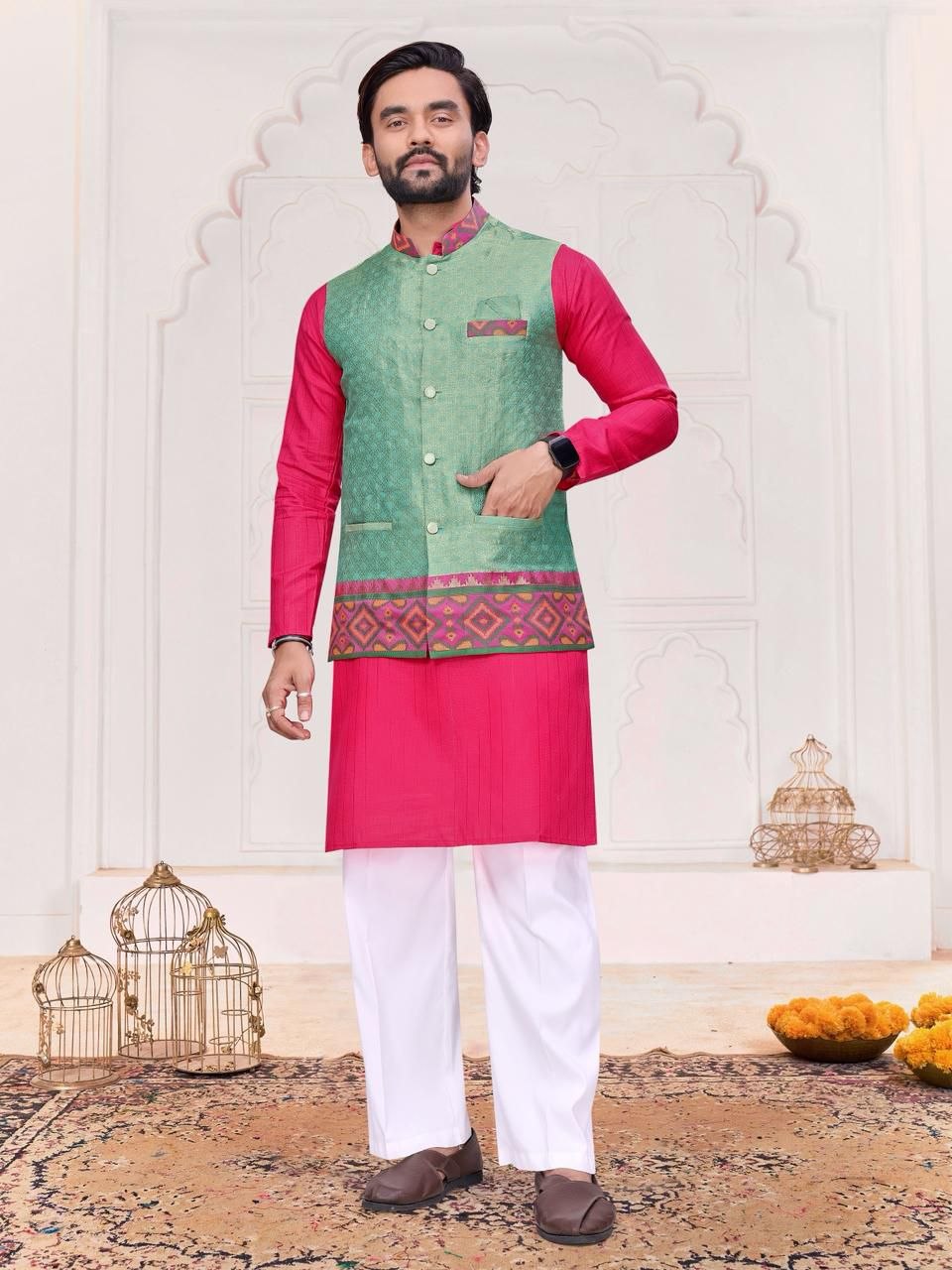 Ethnic Couple Wear  Indian Men Kurta Pajama Koti and Women Saree Outfits Set mahezon