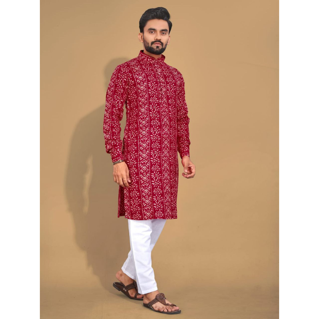 Men's Ethnic Cotton Red Kurta Pajama Set mahezon