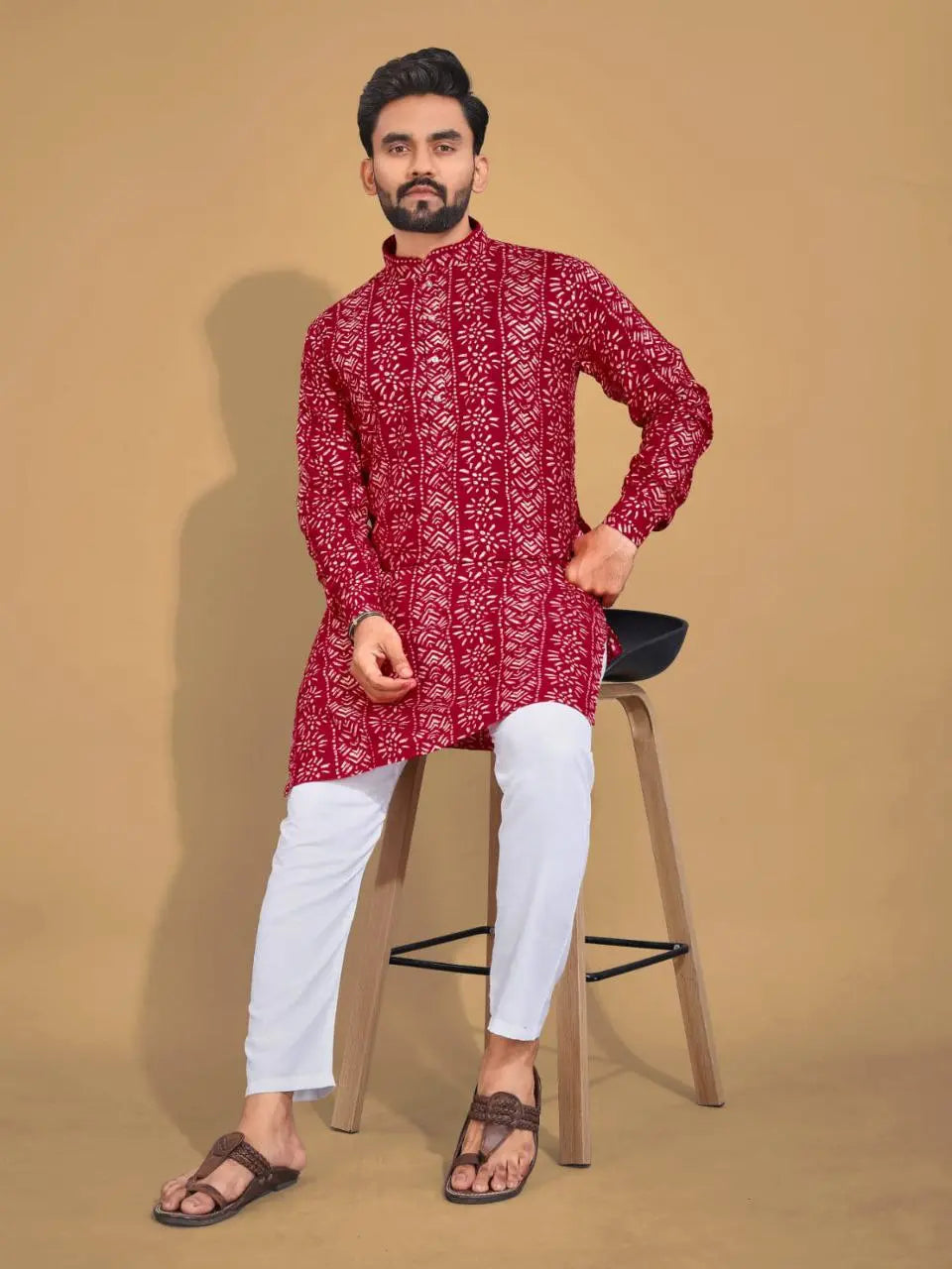 Men's Ethnic Cotton Red Kurta Pajama Set mahezon