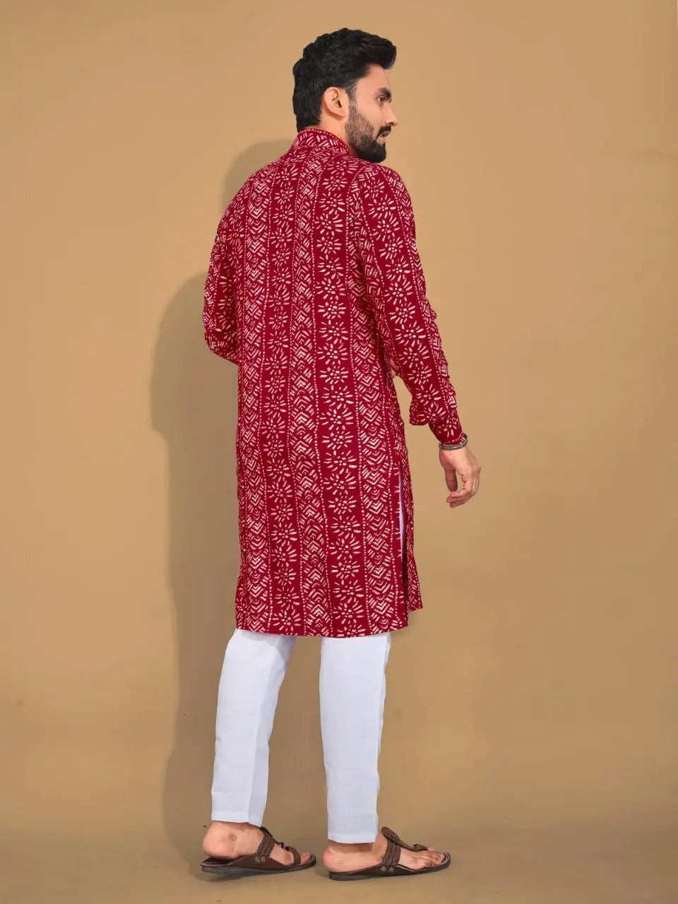 Men's Ethnic Cotton Red Kurta Pajama Set mahezon