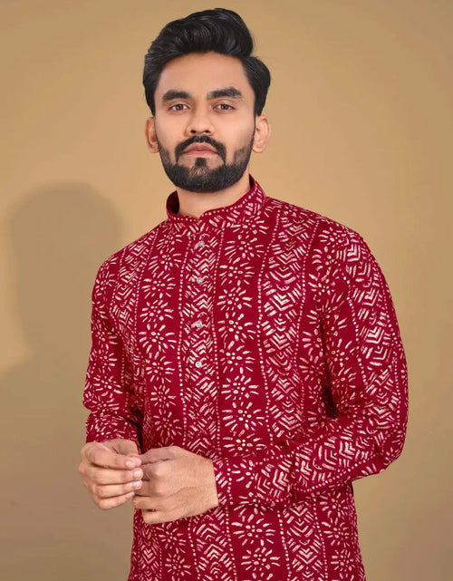 Load image into Gallery viewer, Men&#39;s Ethnic Cotton Red Kurta Pajama Set mahezon
