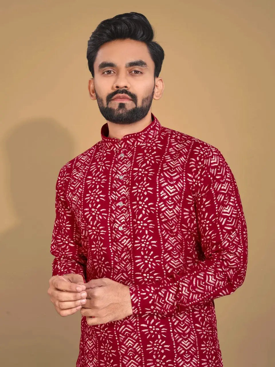 Men's Ethnic Cotton Red Kurta Pajama Set mahezon