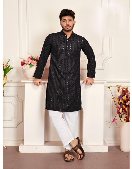 Load image into Gallery viewer, Men&#39;s Traditional Black Stylish Chikankari Kurta Pajama Set mahezon
