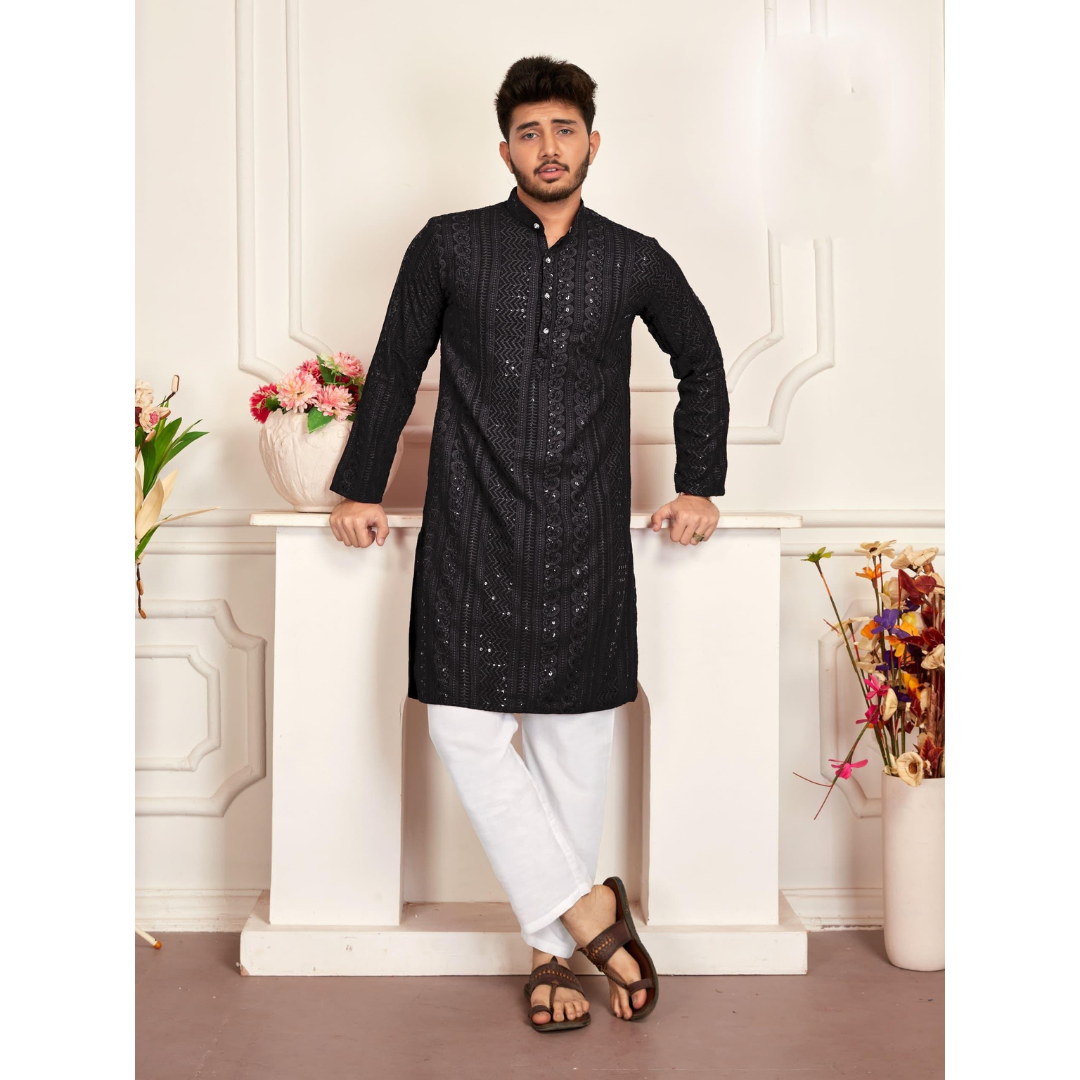 Men's Traditional Black Stylish Chikankari Kurta Pajama Set mahezon