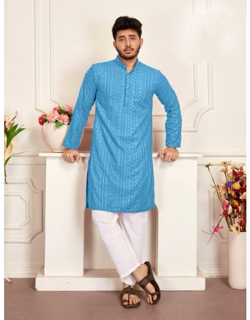 Load image into Gallery viewer, Men&#39;s Traditional Blue Stylish Chikankari Kurta Pajama Set mahezon
