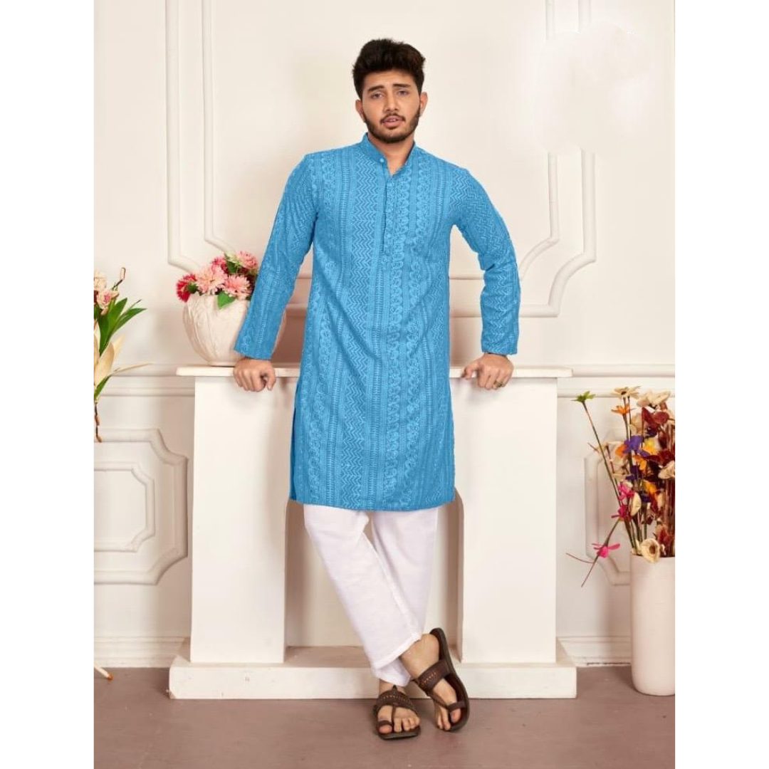 Men's Traditional Blue Stylish Chikankari Kurta Pajama Set mahezon