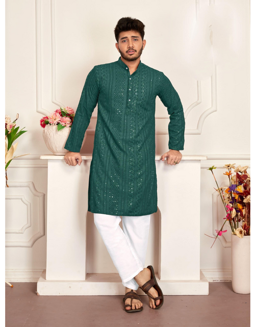 Load image into Gallery viewer, Men&#39;s Traditional Green Stylish Chikankari Kurta Pajama Set mahezon
