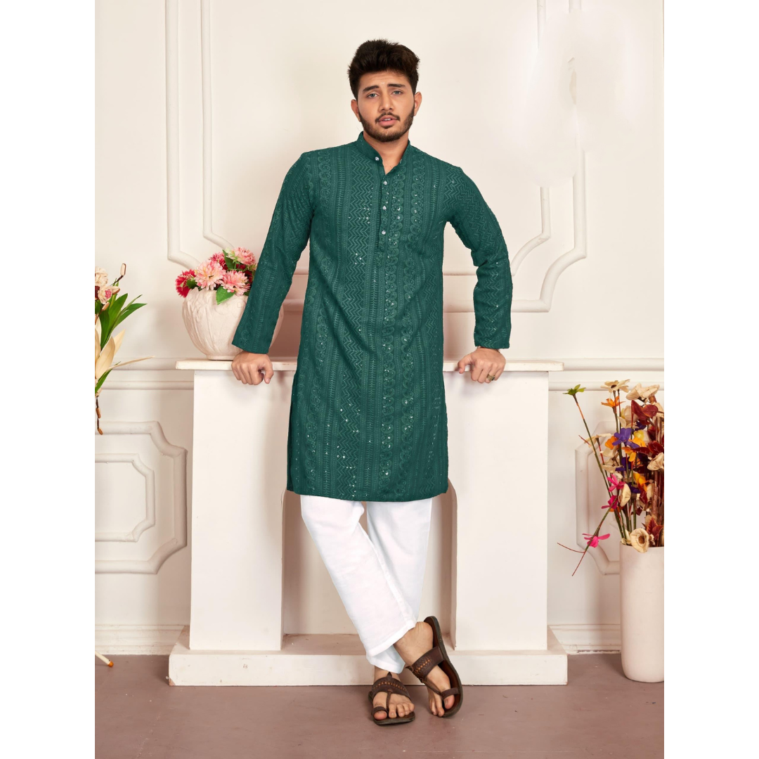 Men's Traditional Green Stylish Chikankari Kurta Pajama Set mahezon