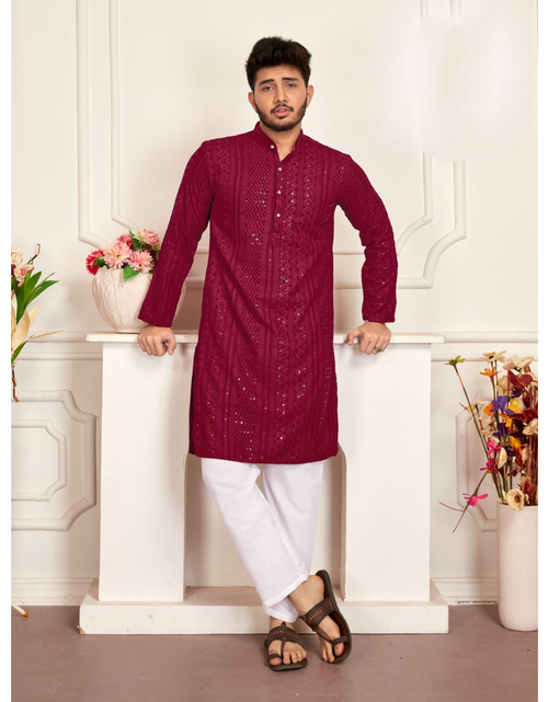 Load image into Gallery viewer, Men&#39;s Traditional Maroon Stylish Chikankari Kurta Pajama Set mahezon
