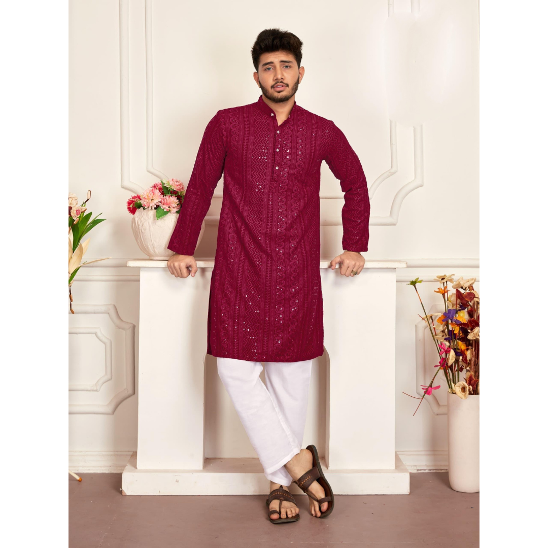 Men's Traditional Maroon Stylish Chikankari Kurta Pajama Set mahezon