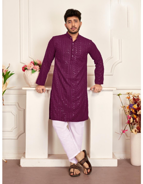 Load image into Gallery viewer, Men&#39;s Traditional Purple Stylish Chikankari Kurta Pajama Set mahezon
