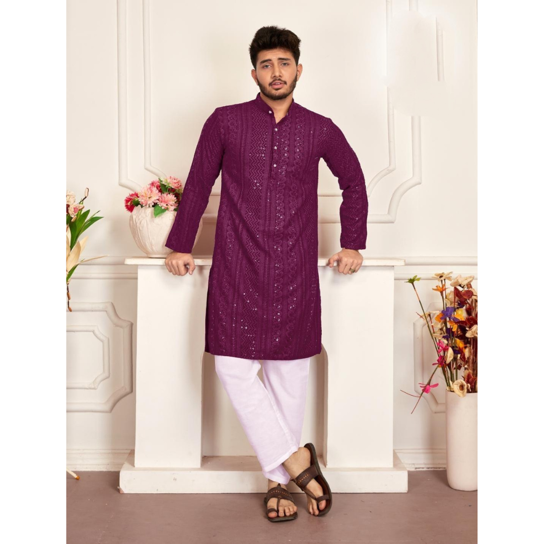 Men's Traditional Purple Stylish Chikankari Kurta Pajama Set mahezon