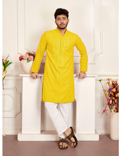 Load image into Gallery viewer, Men&#39;s Traditional Yellow Stylish Chikankari Kurta Pajama Set mahezon
