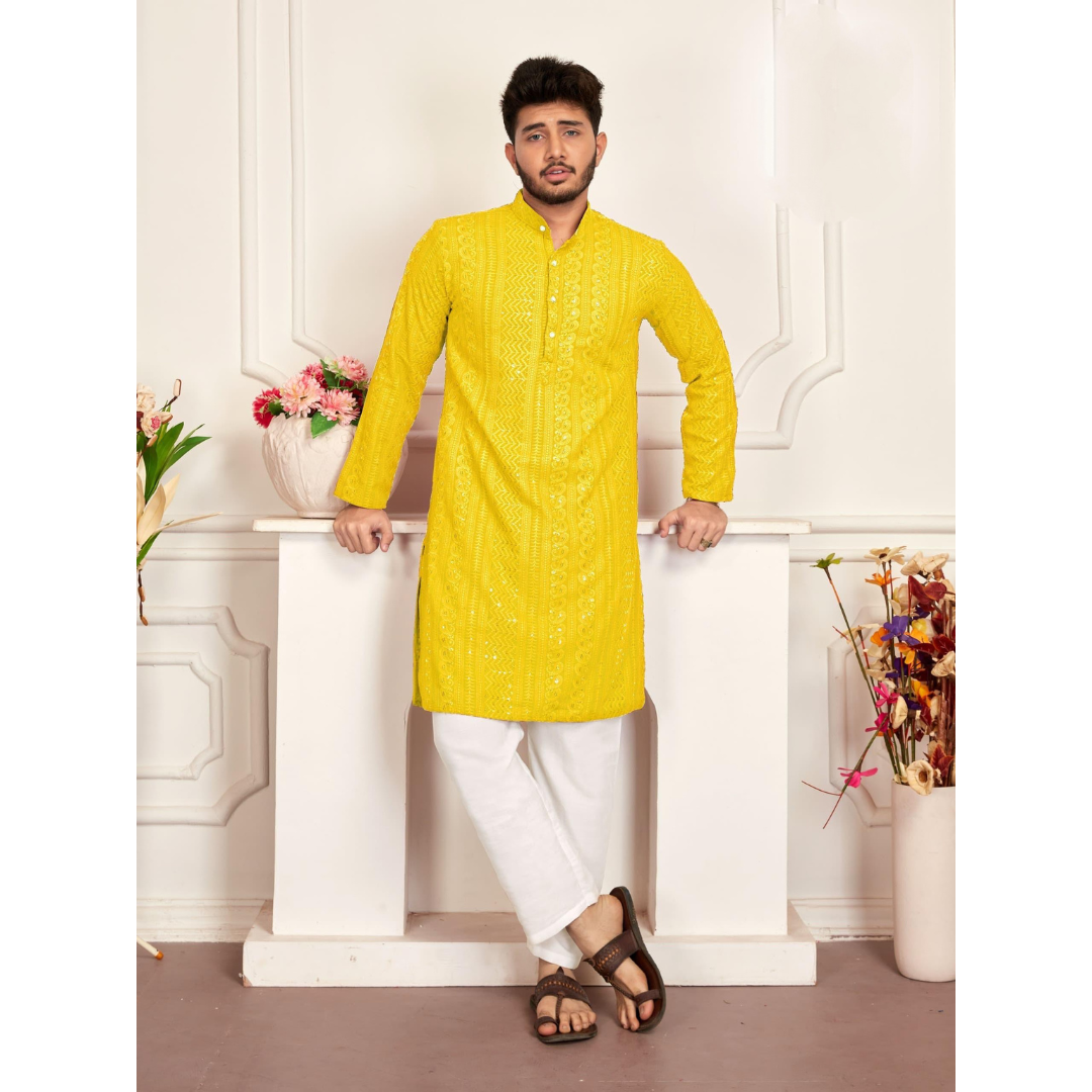 Men's Traditional Yellow Stylish Chikankari Kurta Pajama Set mahezon