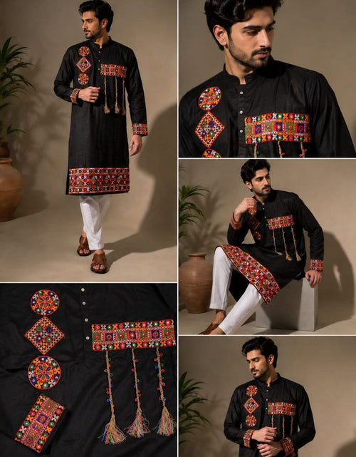 Load image into Gallery viewer, A man modeling a black kurta with colorful geometric embroidery and tassel details, shown in multiple views including full-body, close-up, seated pose, and detail close-ups against a warm beige studio background.
